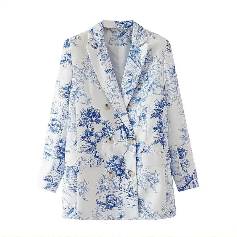 ZATRHMBM Chic Print Double Breasted Blazer Vintage Long Sleeve Suit Jacket Office Casual Ladies Outerwear Stylish Tops Women's running jackets